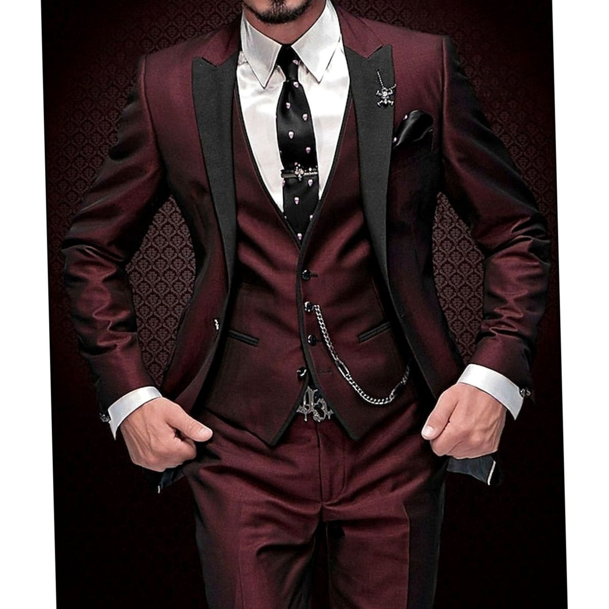 Men's Tailored Three Piece Suit Slim-Fit Formal Occasion Set - Wine Red