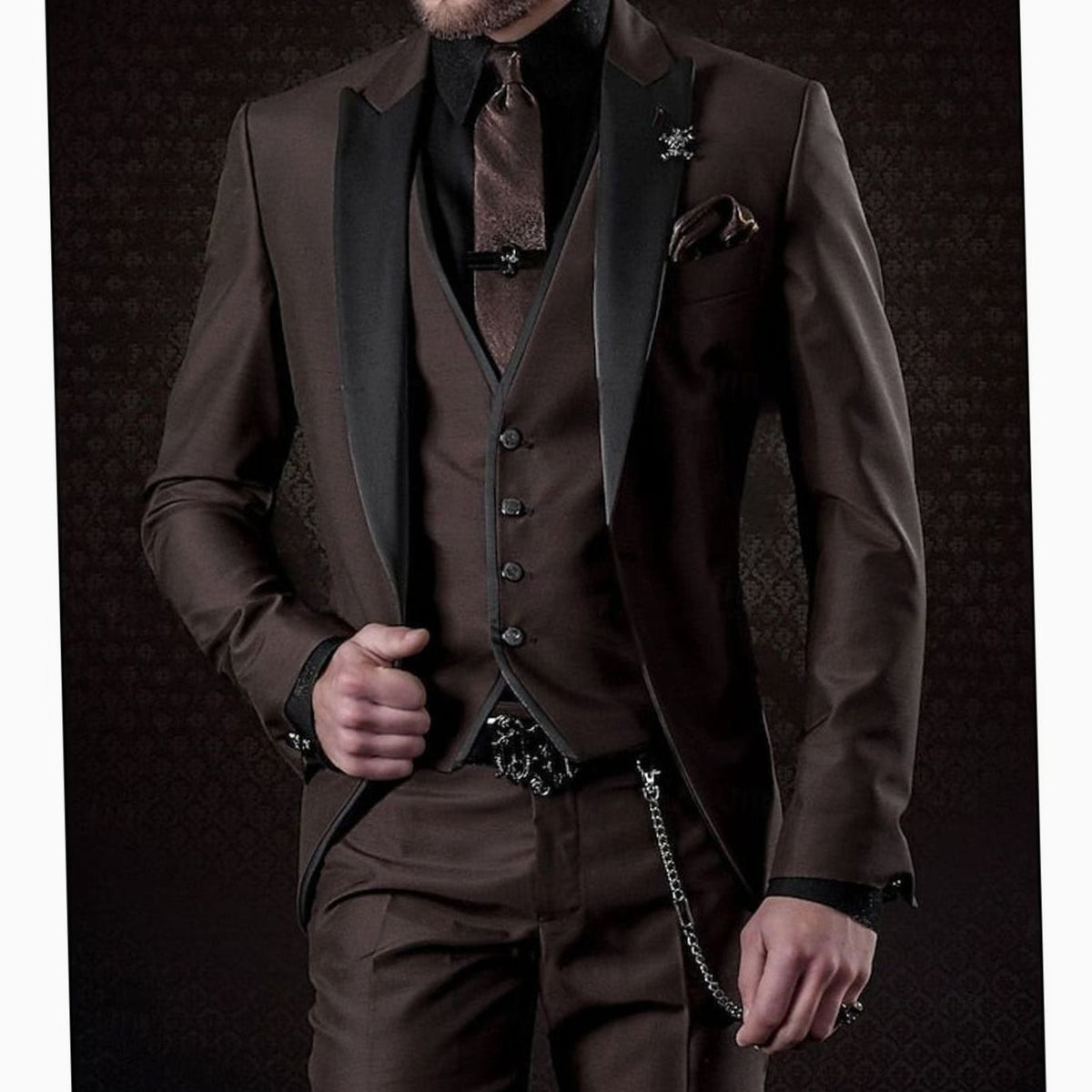 Men's Tailored Three Piece Suit Slim-Fit Formal Occasion Set - Dark Brown