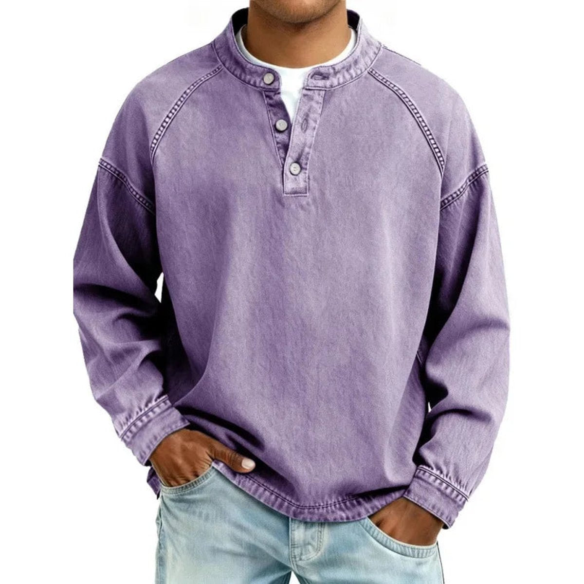 Men's Vintage Denim-Look Henley Button Pullover Sweatshirt - Purple
