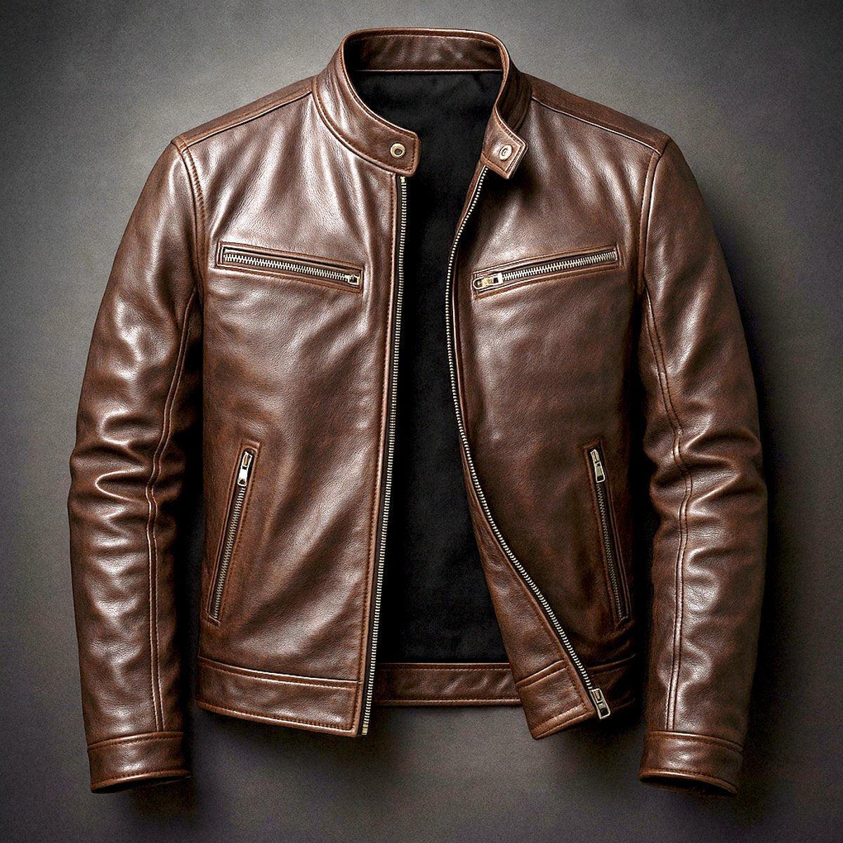 Mens Vintage Leather Biker Jacket Four-Pocket Zip-Up - Cigar Brown