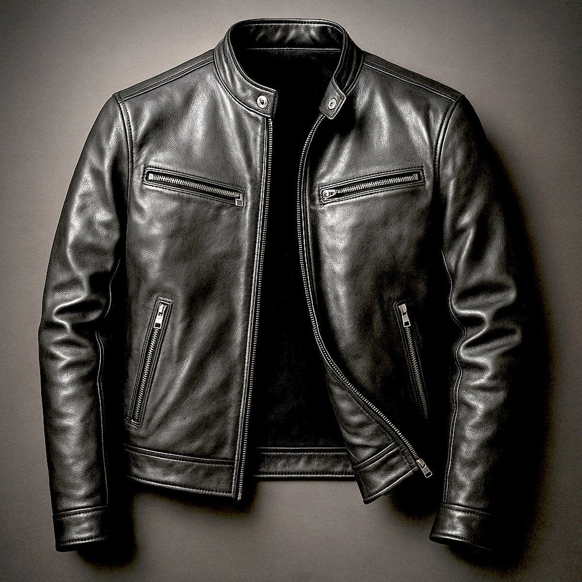 Mens Vintage Leather Biker Jacket Four-Pocket Zip-Up - Biker Black