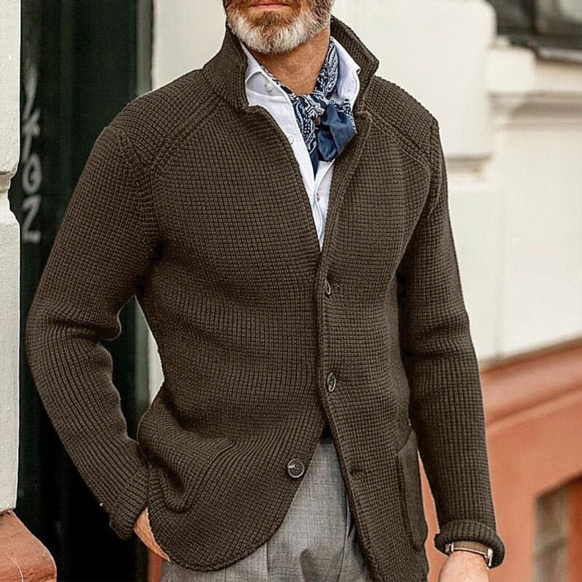 Mens Waffle-Knit Button-Up Cardigan Relaxed Fit - Coffee