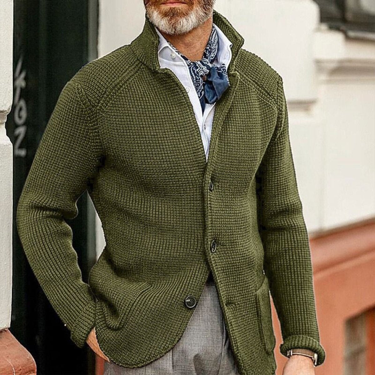 Mens Waffle-Knit Button-Up Cardigan Relaxed Fit - Green