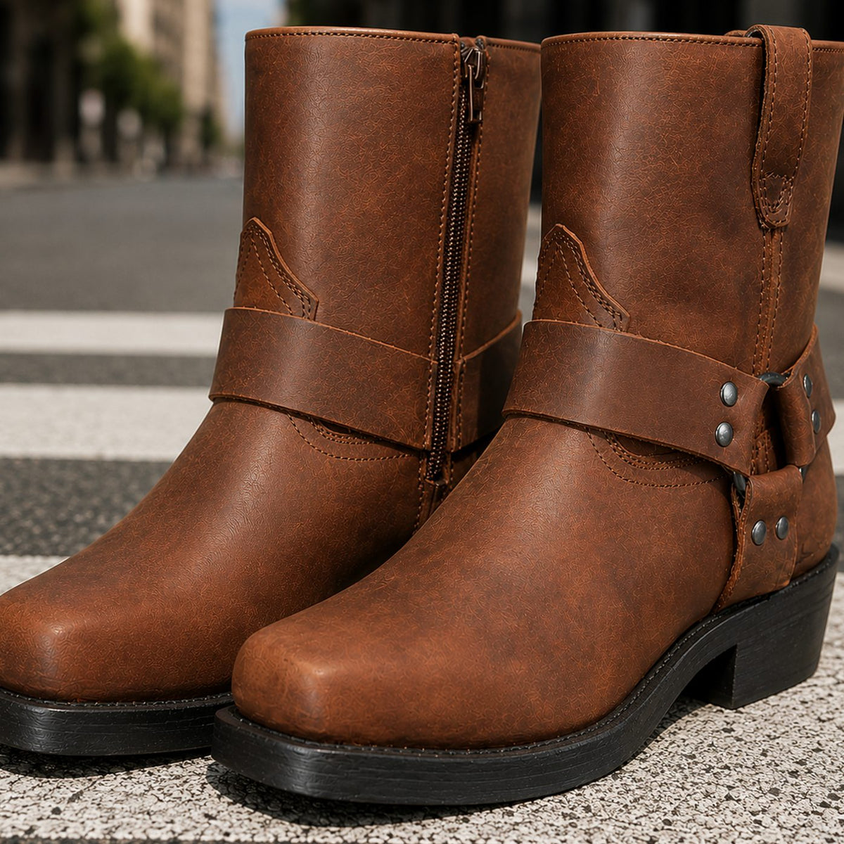 Men's Western Harness Boots Side-Zip Low Block Heel - Brown
