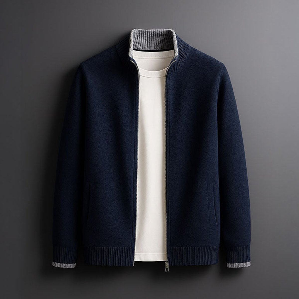 Mens Winter Coat Merino Wool Full-Zip Ribbed Knit Cardigan - Blue