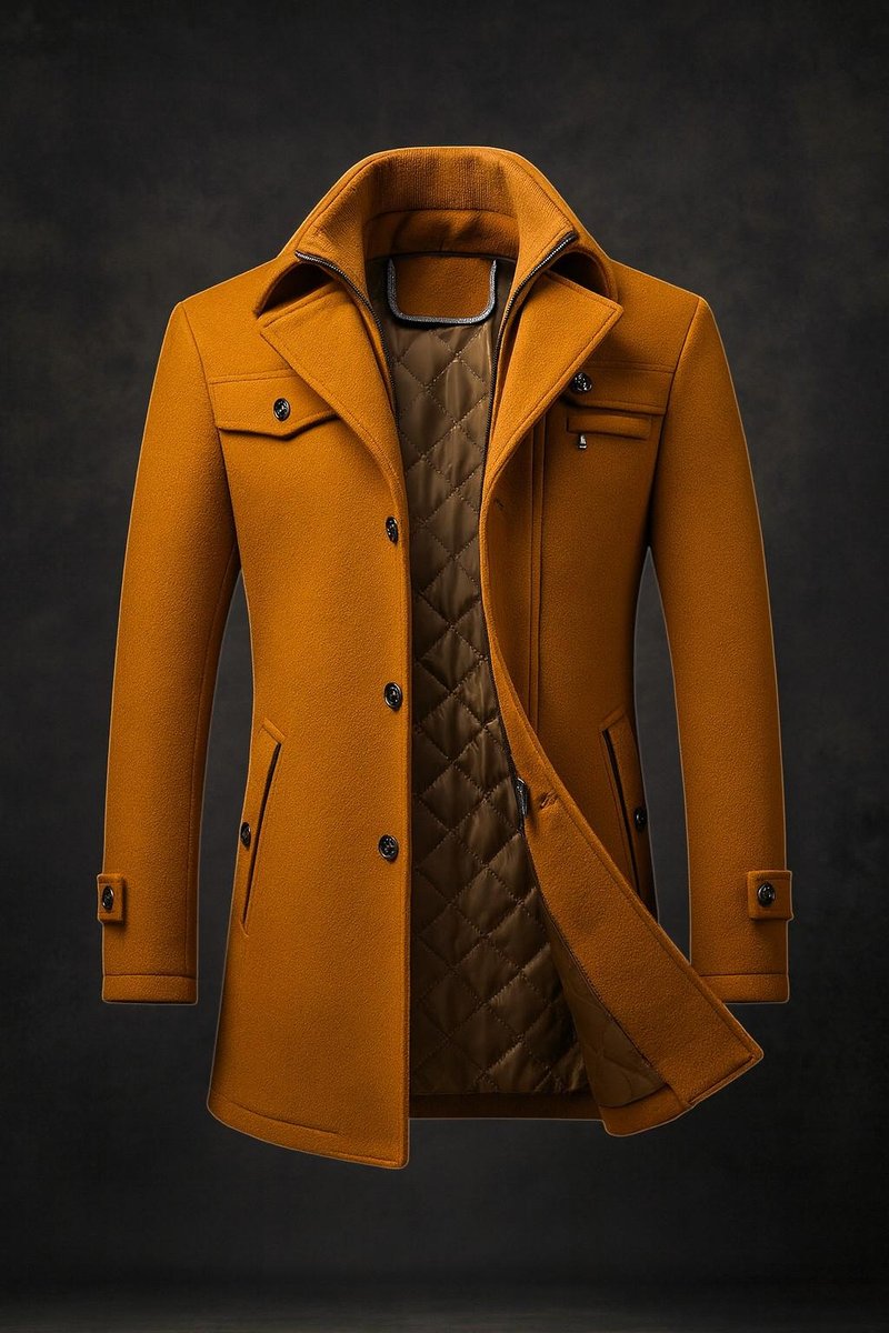 Mens Wool Coat Quilted-Lined Double-Collar Overcoat - Brown