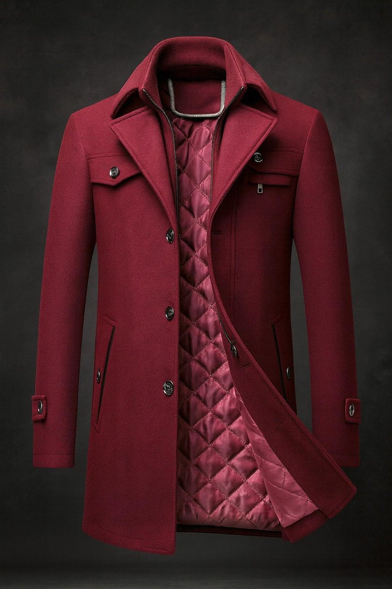 Mens Wool Coat Quilted-Lined Double-Collar Overcoat - Burgundy