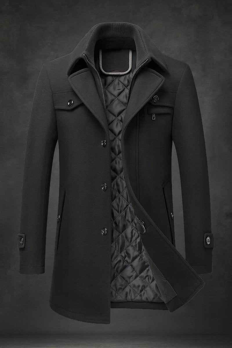 Mens Wool Coat Quilted-Lined Double-Collar Overcoat - Black