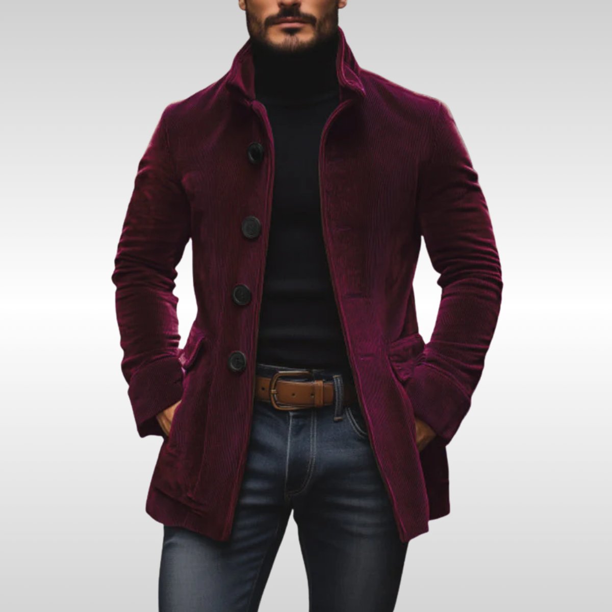 Mens Wool Coat Slim-Fit Corduroy Standing-Collar Button-Up Jacket - Wine Red