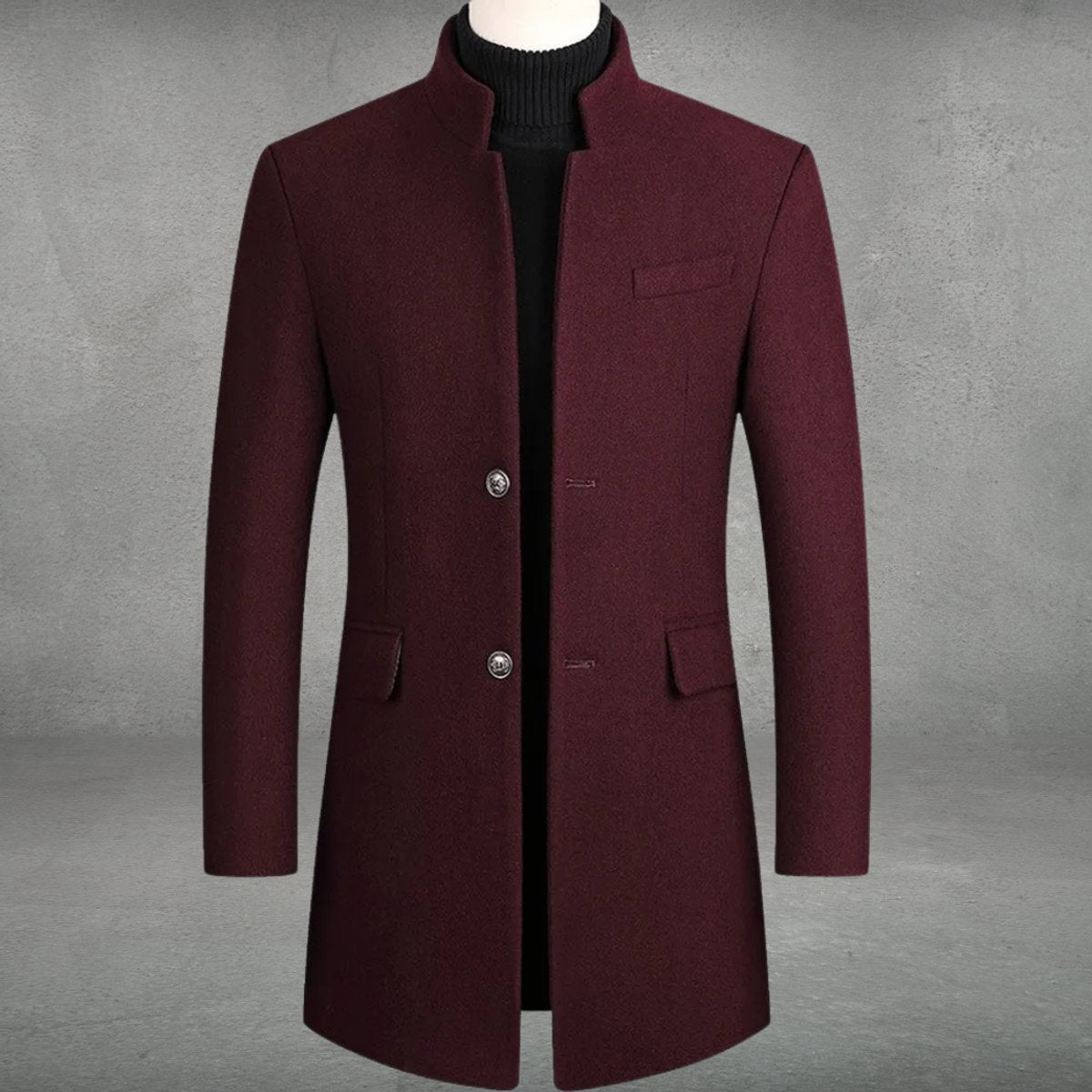 Mens Wool Coat Slim-Fit Standing Collar Single-Breasted Overcoat - Wine Red