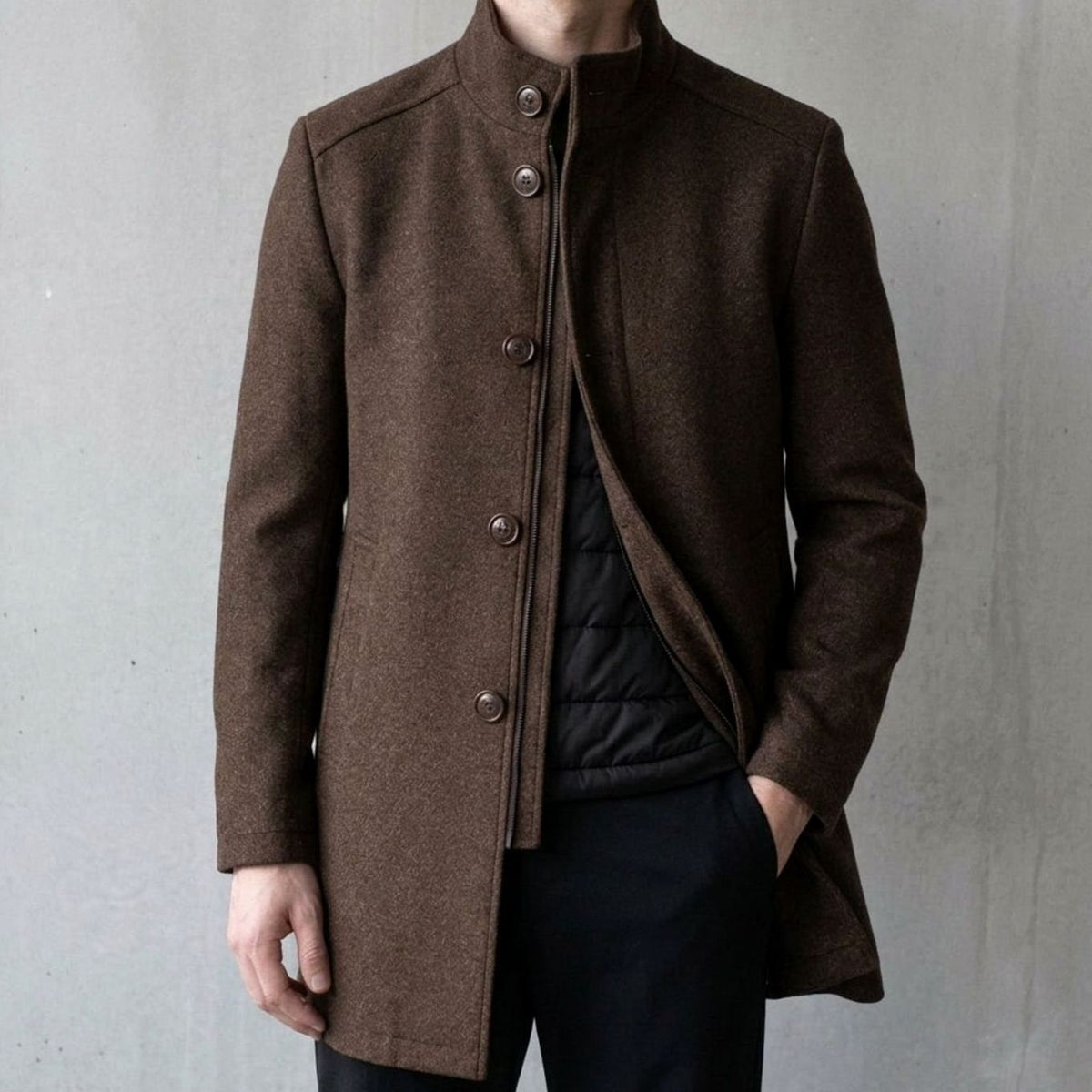 Men's Wool Overcoat Insulated Stand-Collar Tailored Coat - Brown