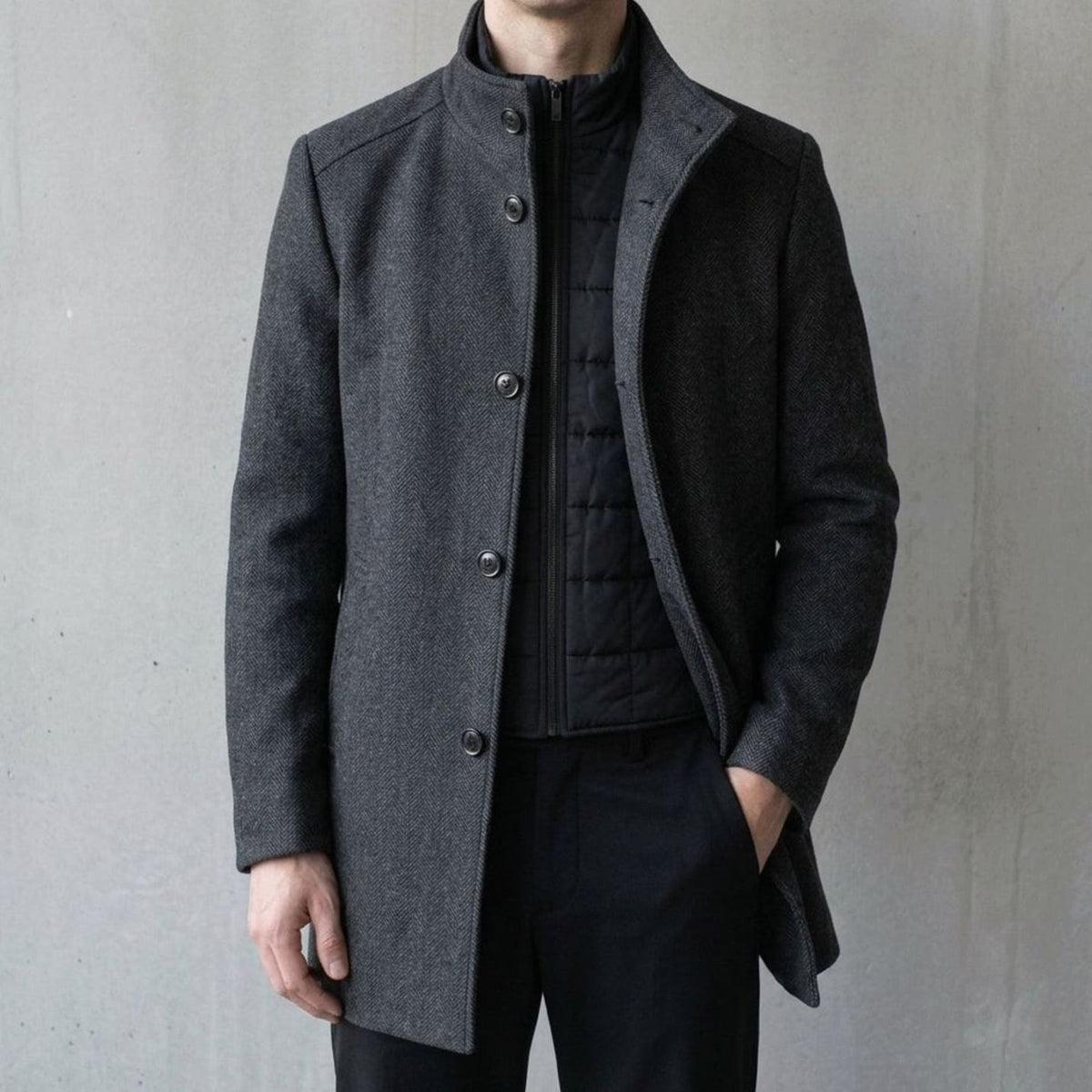 Men's Wool Overcoat Insulated Stand-Collar Tailored Coat - Gray