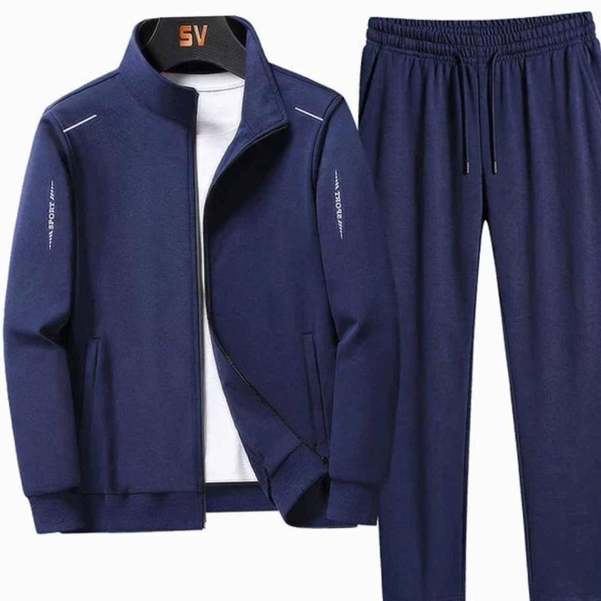 Men's Zip-Up Casual Tracksuit Two-Piece Jogger Set - Dark Blue