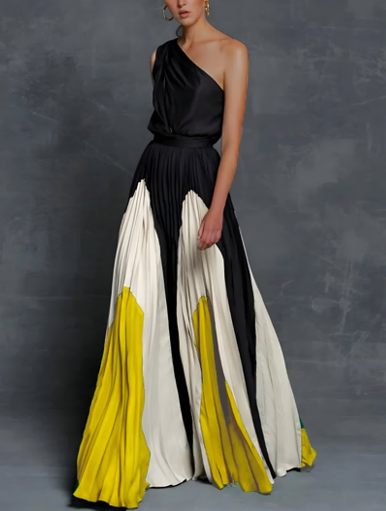 Mother of the Bride Dress One-Shoulder Colour-Block Pleated Maxi Gown