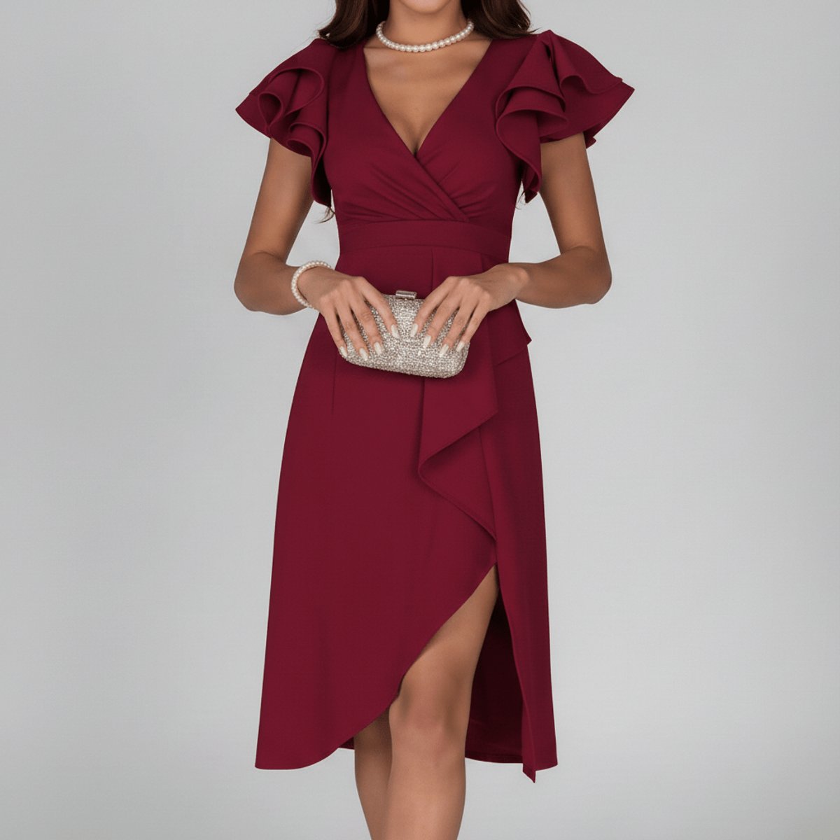 Mother of the Bride Dress Ruffle Sleeve V-Neck Wrap Midi - Deep Red