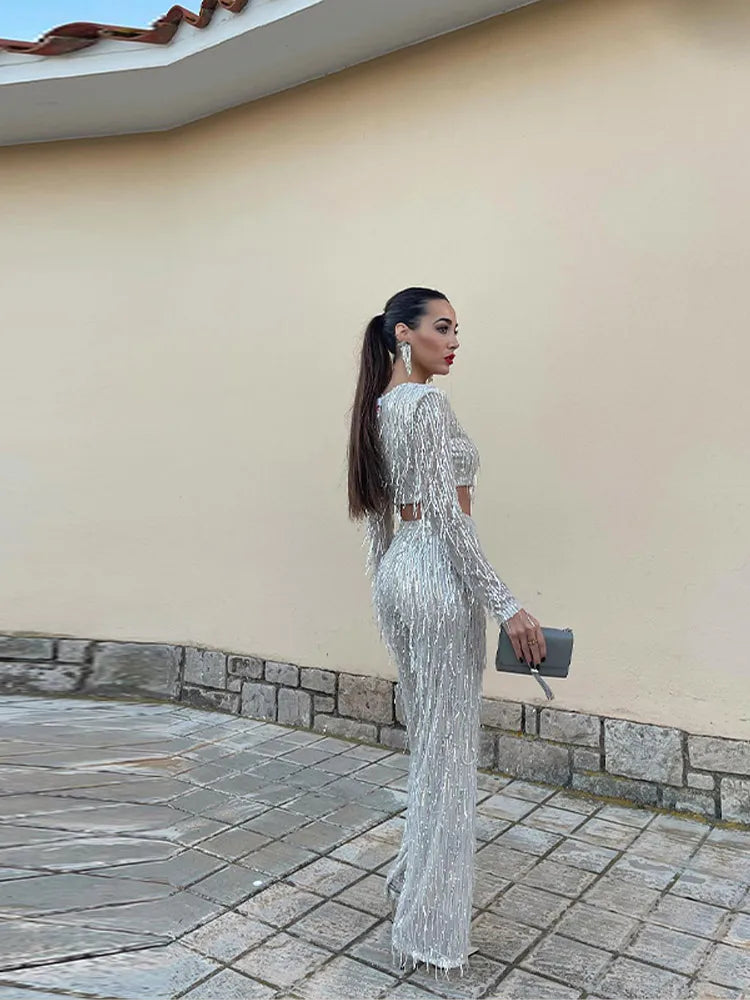 Women’s Cropped Sequin Top & Wide-Leg Pant Set