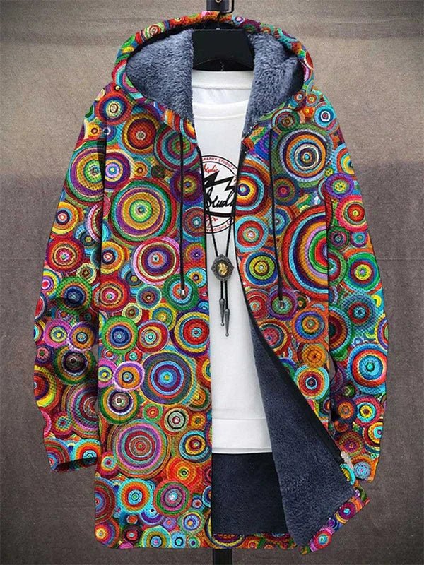 Unisex Fleece-Lined Hooded Zip-Up Psychedelic Circle-Print Jacket - Multicolor