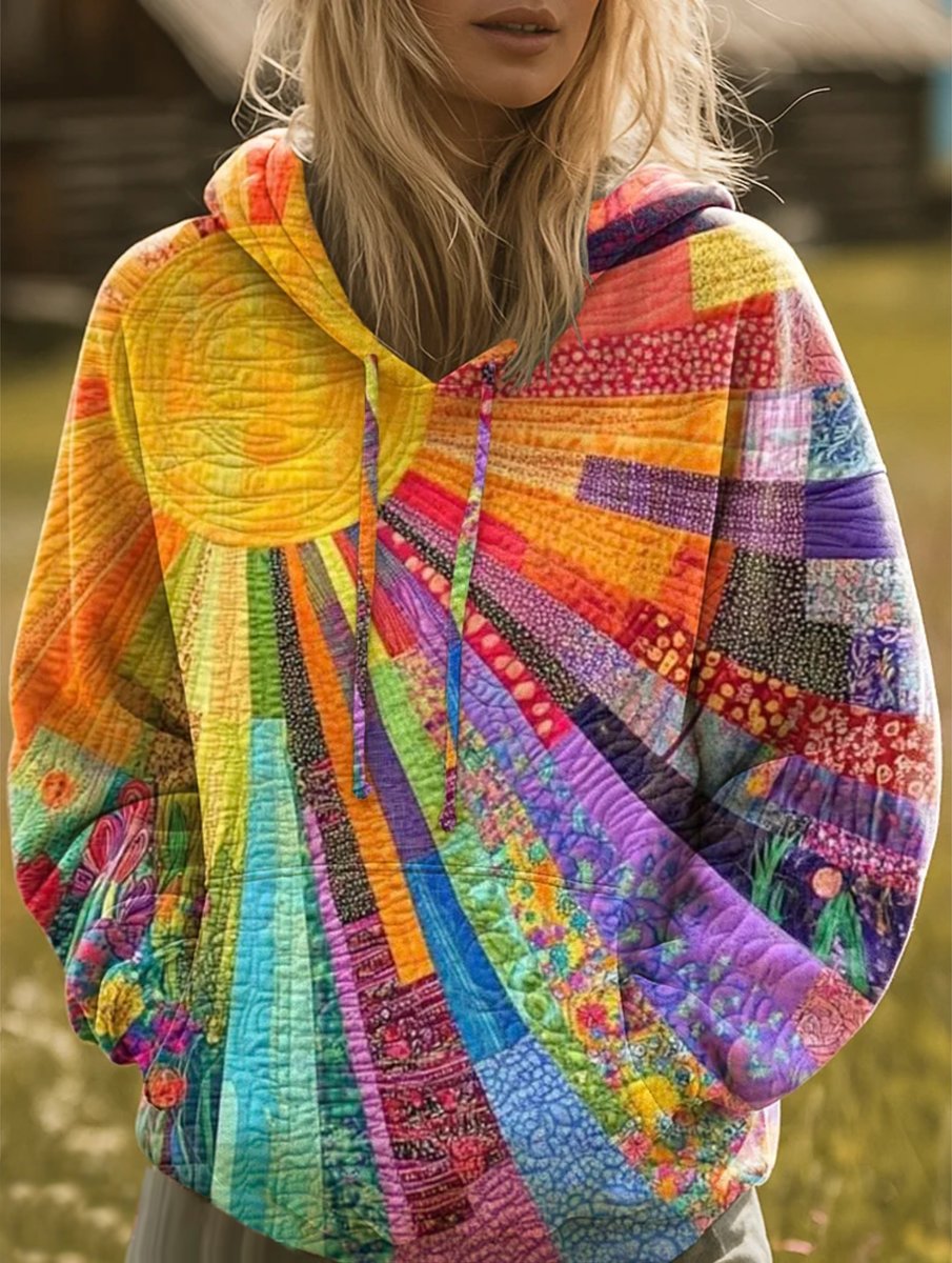 Women Bohemian Patchwork Quilted Pullover Hoodie Sweater - Multicolour