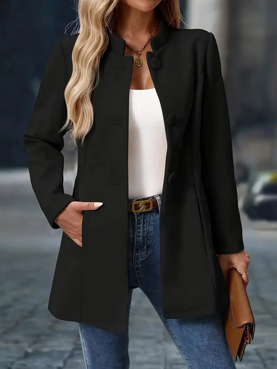 Women Coat Elegant Stand-Collar Button-Front Blazer Jacket - Black