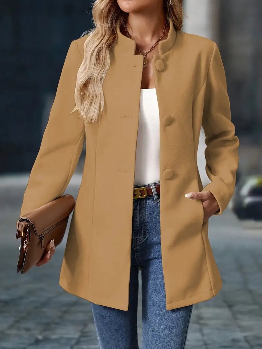 Women Coat Elegant Stand-Collar Button-Front Blazer Jacket