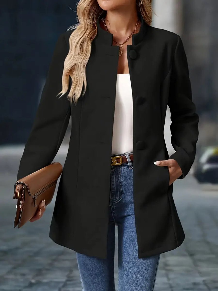 Women Coat Elegant Stand-Collar Button-Front Blazer Jacket