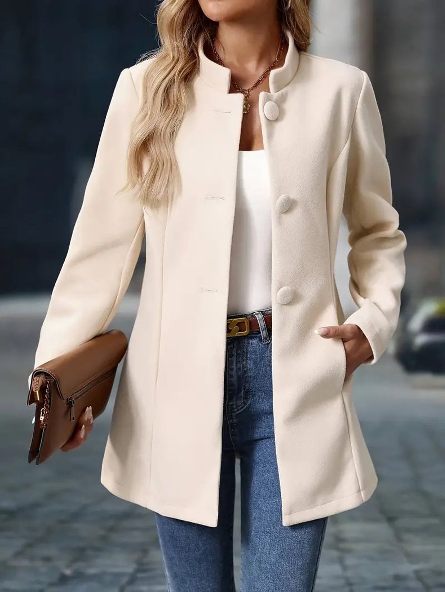 Women Coat Elegant Stand-Collar Button-Front Blazer Jacket