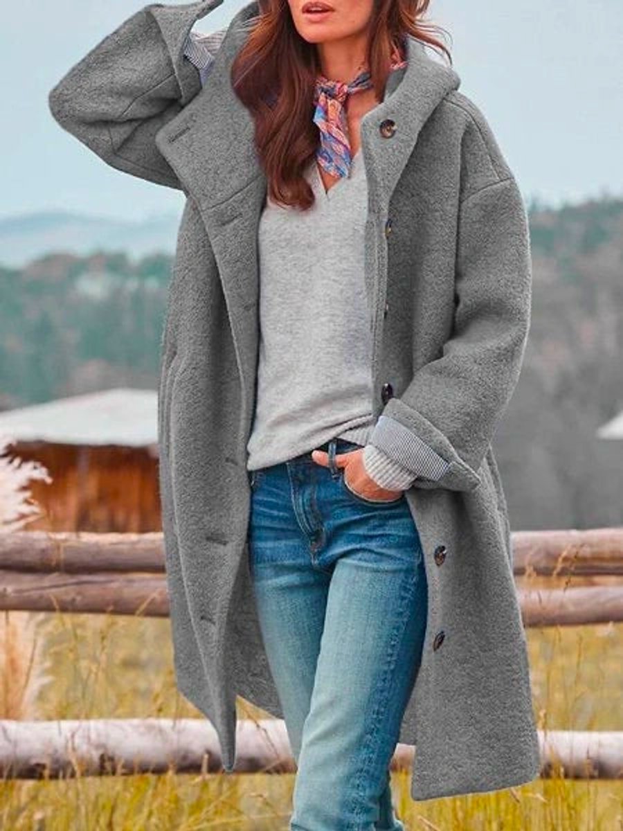 Women Coat Long-Sleeve Hooded Casual Fleece Plush Button-Up - Grey