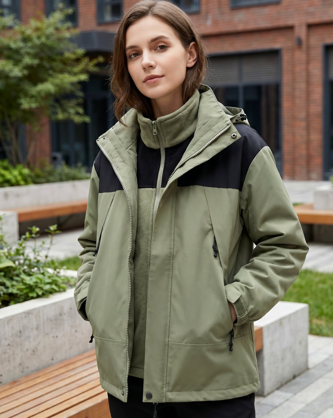 Women's 3-in-1 Waterproof Hooded Fleece Winter Jacket - Green
