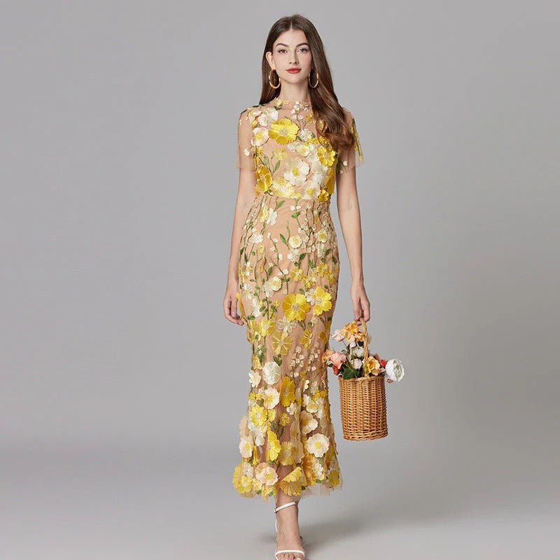 Women's 3D Floral Appliqué Sheer Mesh Sleeveless Column Maxi Dress - Yellow