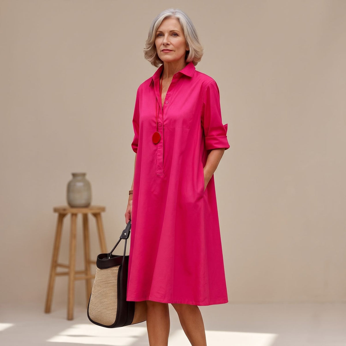 Women's A-Line Collared Shirt Midi Dress with Pockets - Pink
