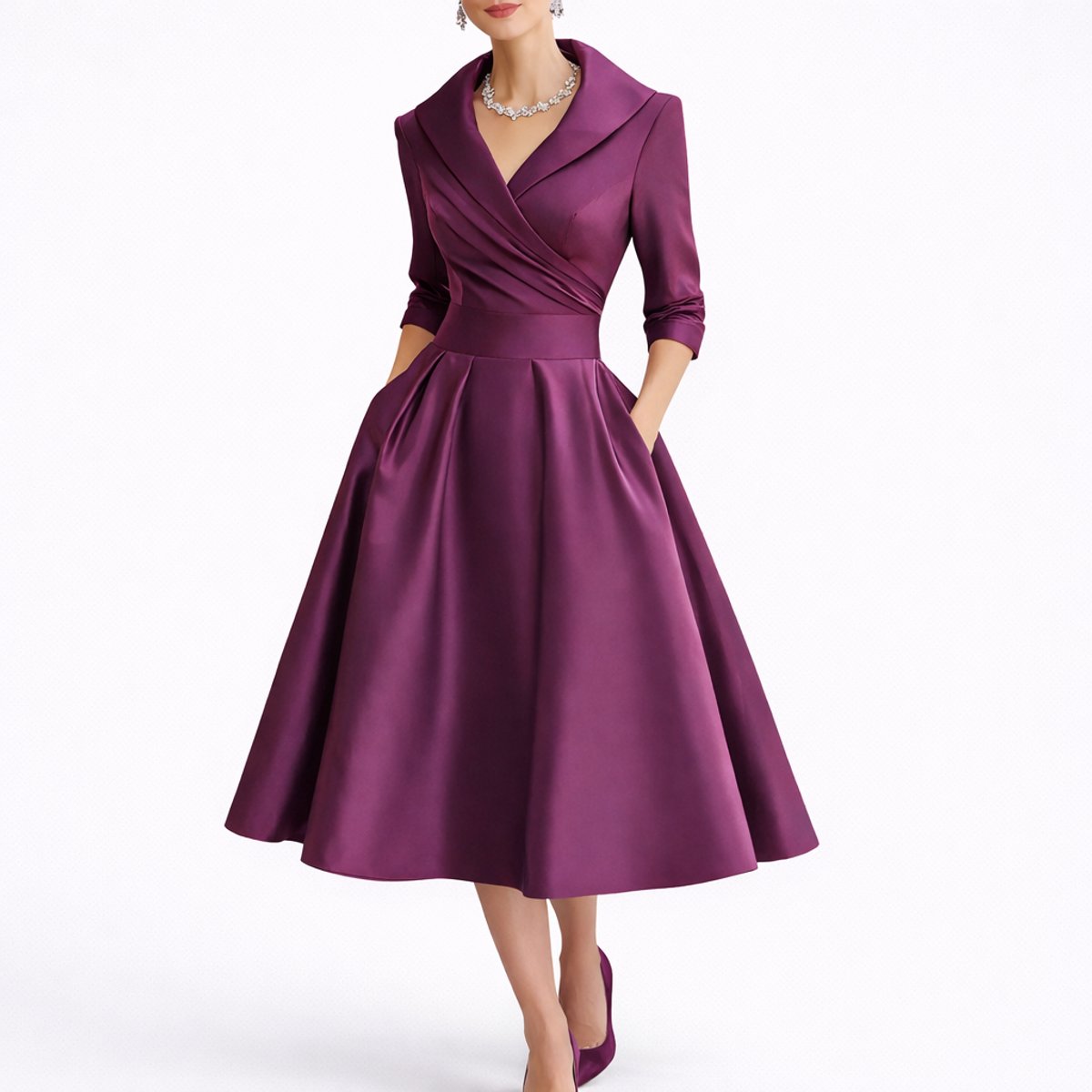 Women's A-Line Wrap-Bodice 3/4 Sleeve Midi Dress - Purple