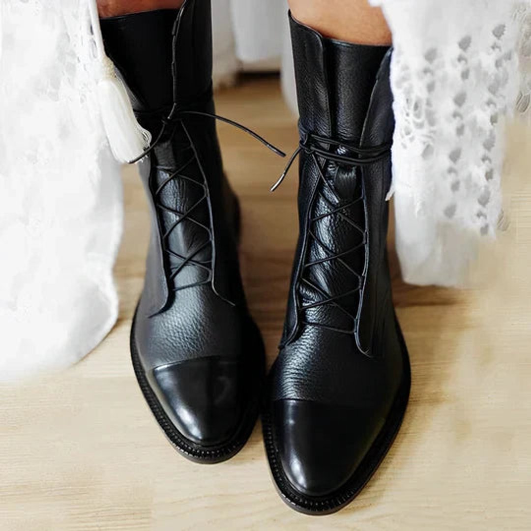 Women's Ankle Boots Lace-Up Leather Cap-Toe Mid-Calf - Black