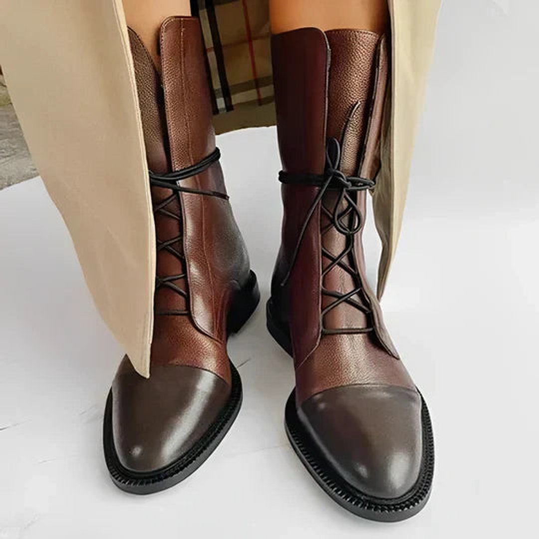 Women's Ankle Boots Lace-Up Leather Cap-Toe Mid-Calf - Brown