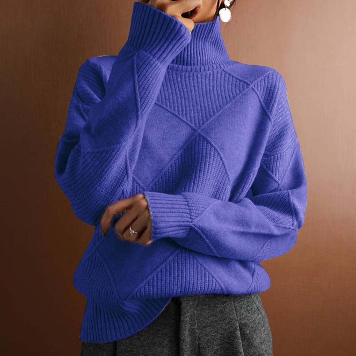 Women's Argyle Knit Turtleneck Sweater Relaxed Pullover Jumper - Blue