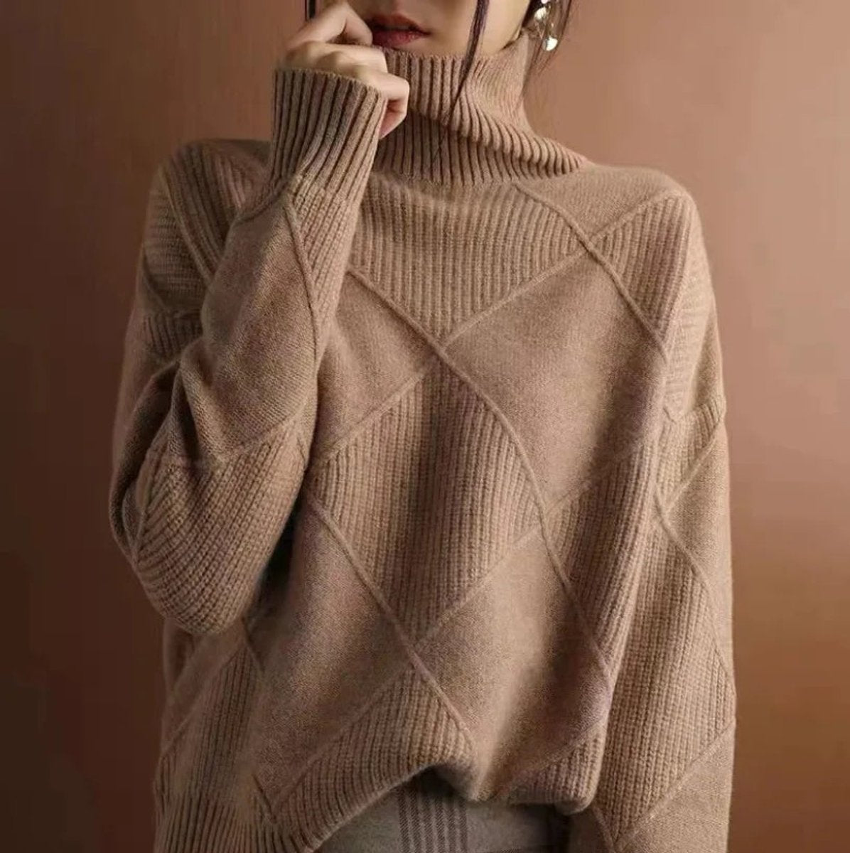 Women's Argyle Knit Turtleneck Sweater Relaxed Pullover Jumper - Brown