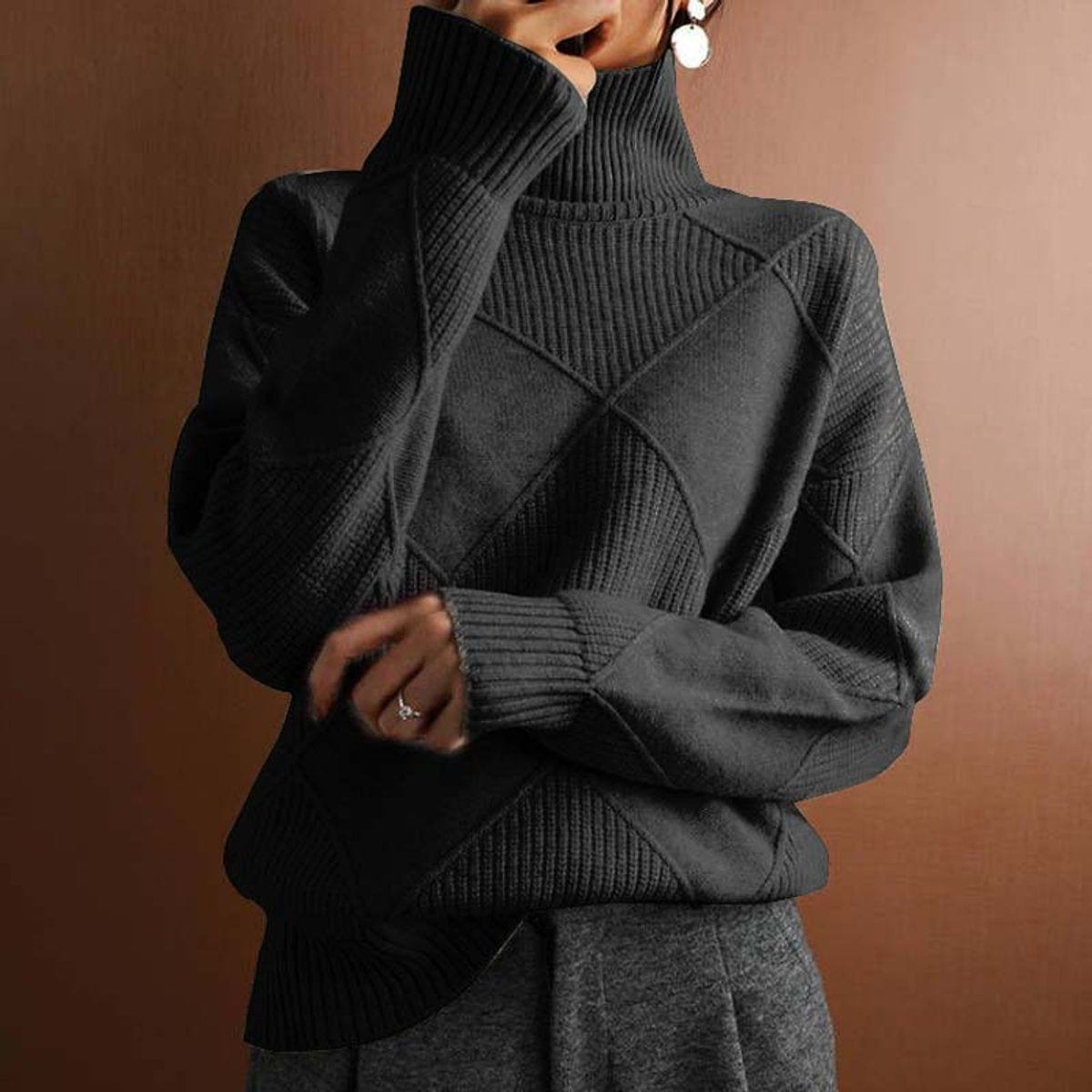 Women's Argyle Knit Turtleneck Sweater Relaxed Pullover Jumper - Black