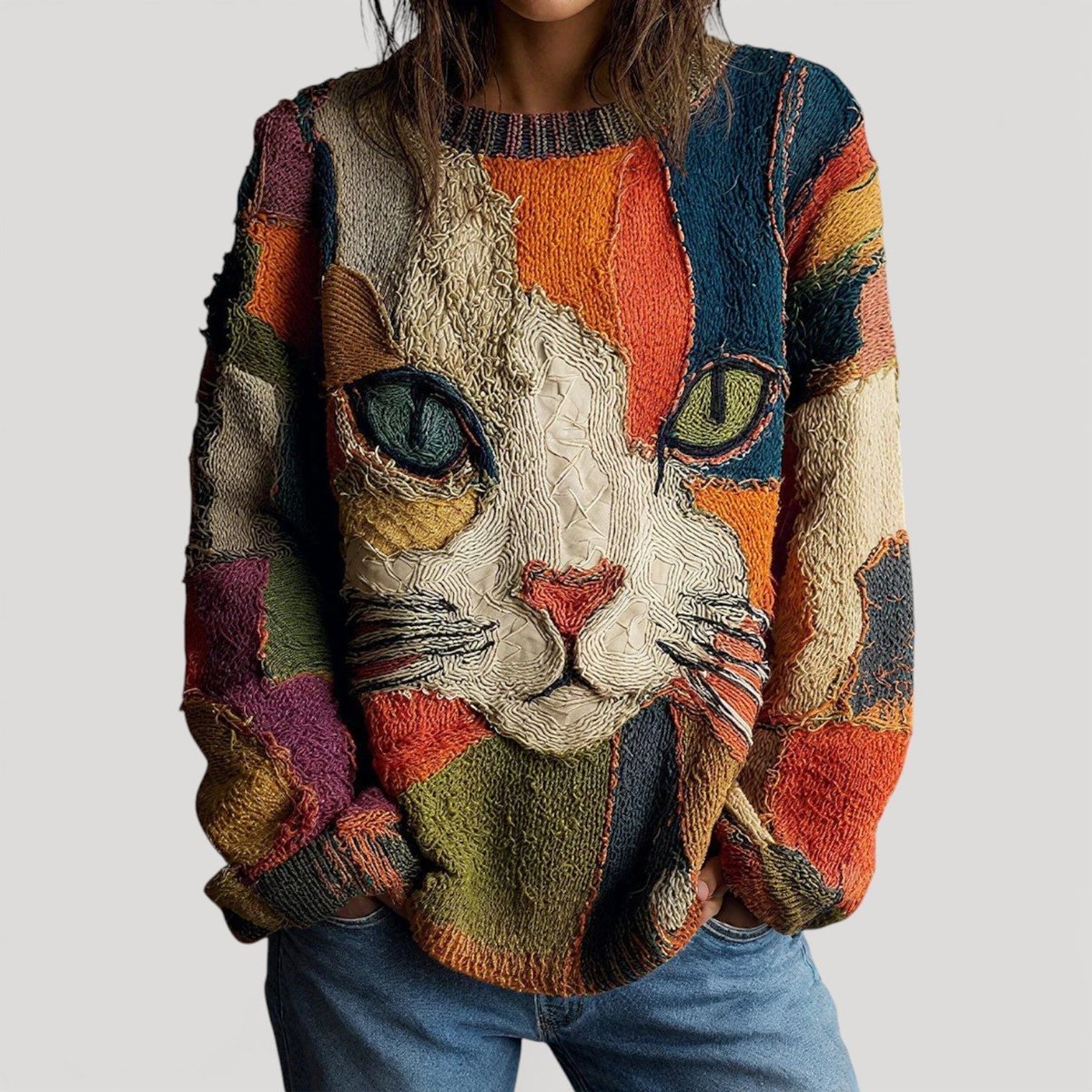 Women's Artistic Cat Print Relaxed-Fit Knit Sweater - Multicolour