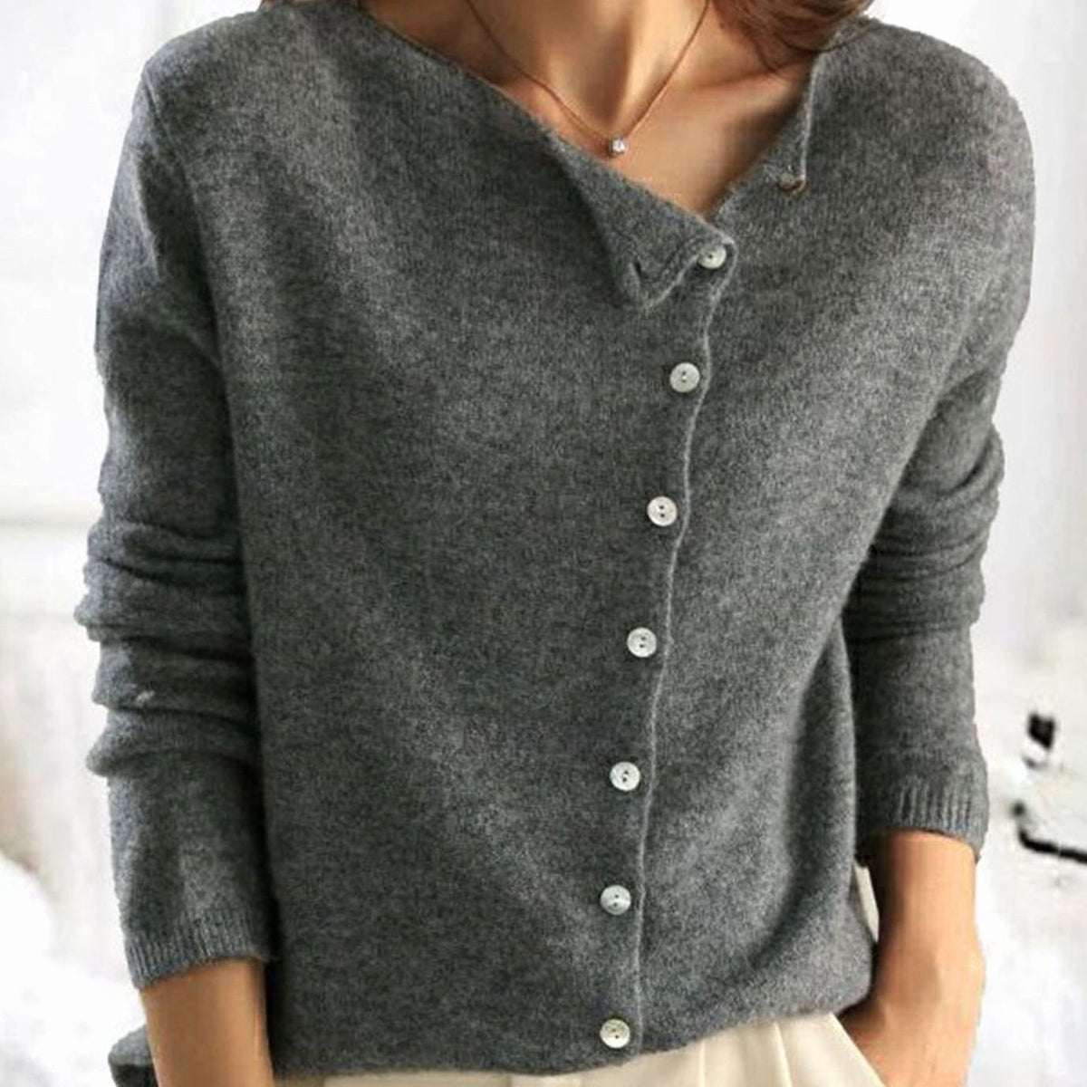 Women's Asymmetric-Button Knit Cardigan Relaxed Fit - Grey