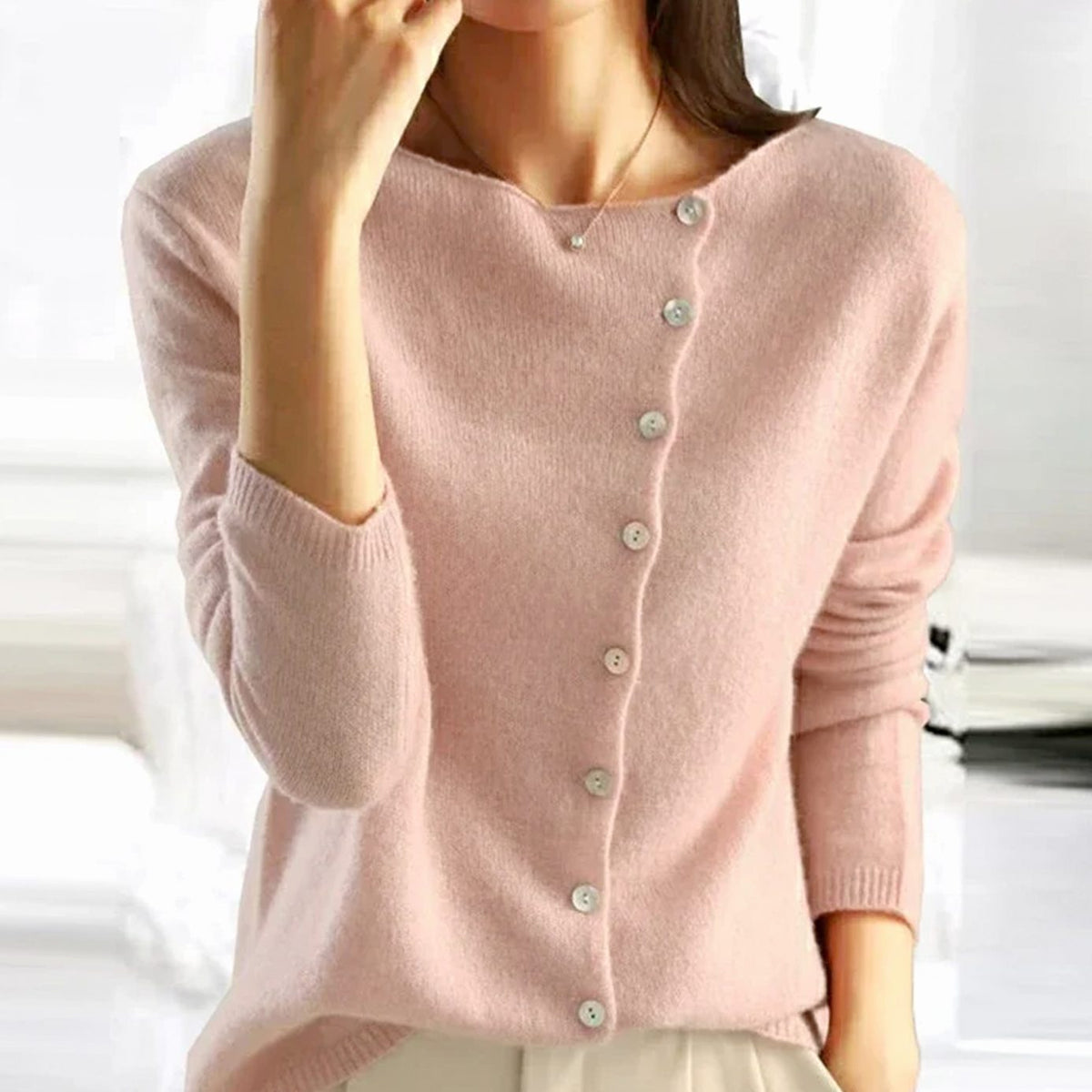Women's Asymmetric-Button Knit Cardigan Relaxed Fit - Pink