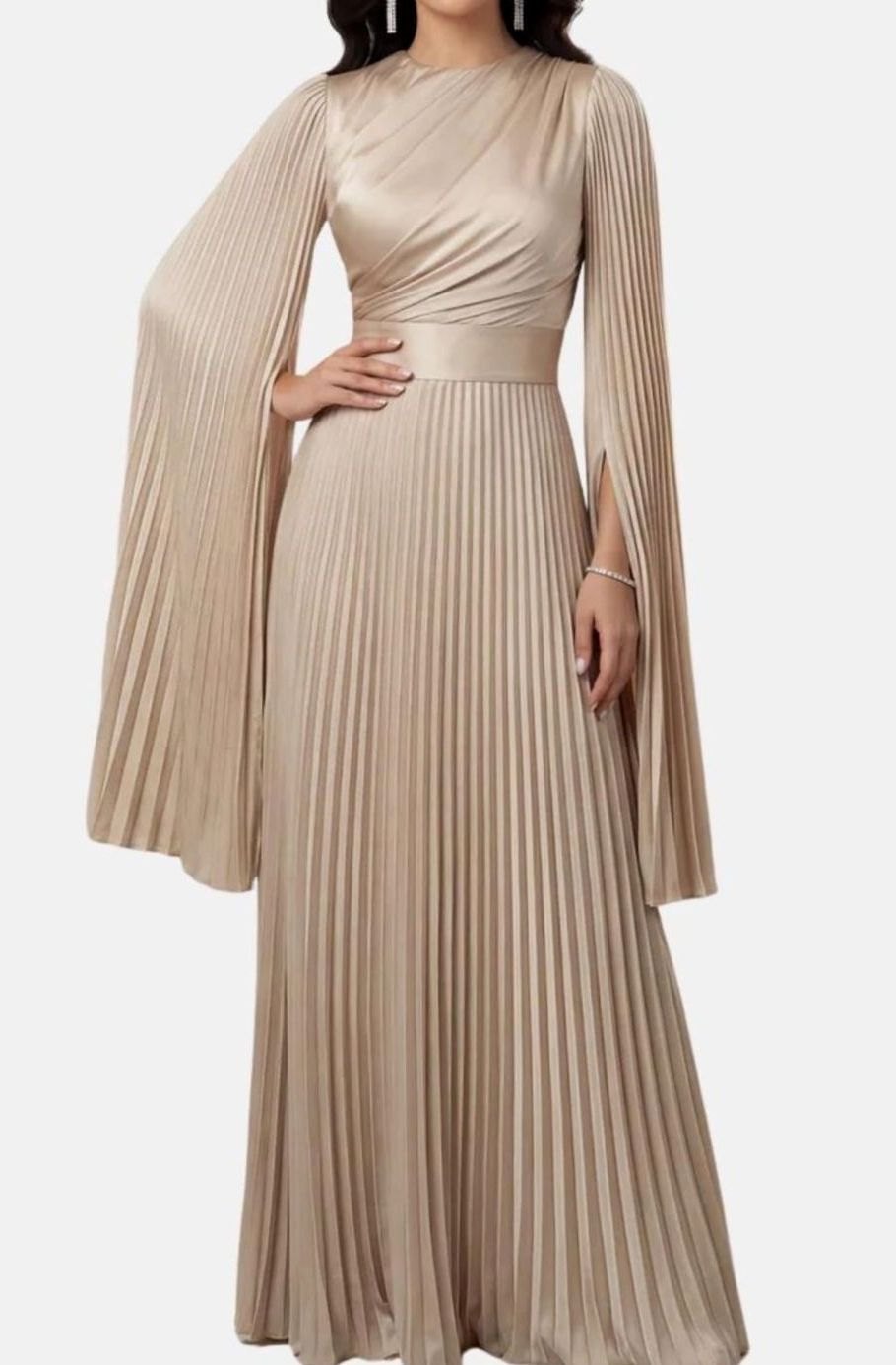 Women's Aurelie Pleated Satin Split-Sleeve Maxi Party Dress Gown
