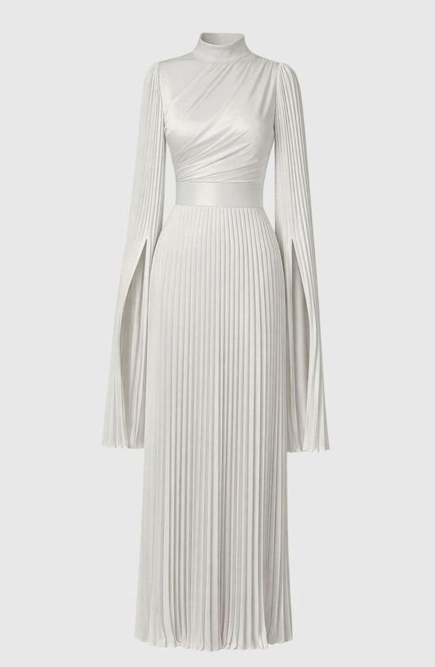 Women's Aurelie Pleated Satin Split-Sleeve Maxi Party Dress Gown - White