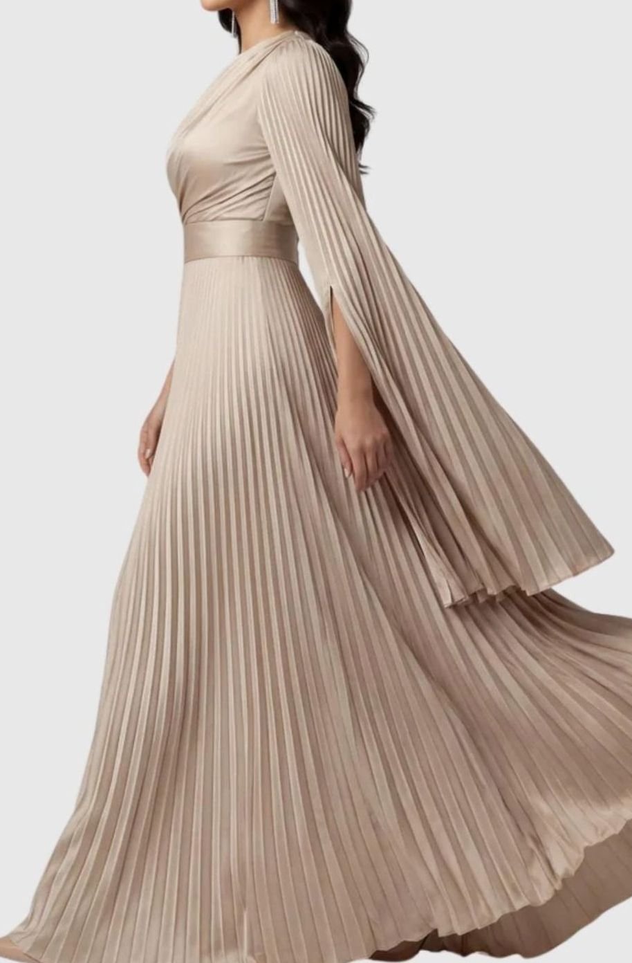 Women's Aurelie Pleated Satin Split-Sleeve Maxi Party Dress Gown