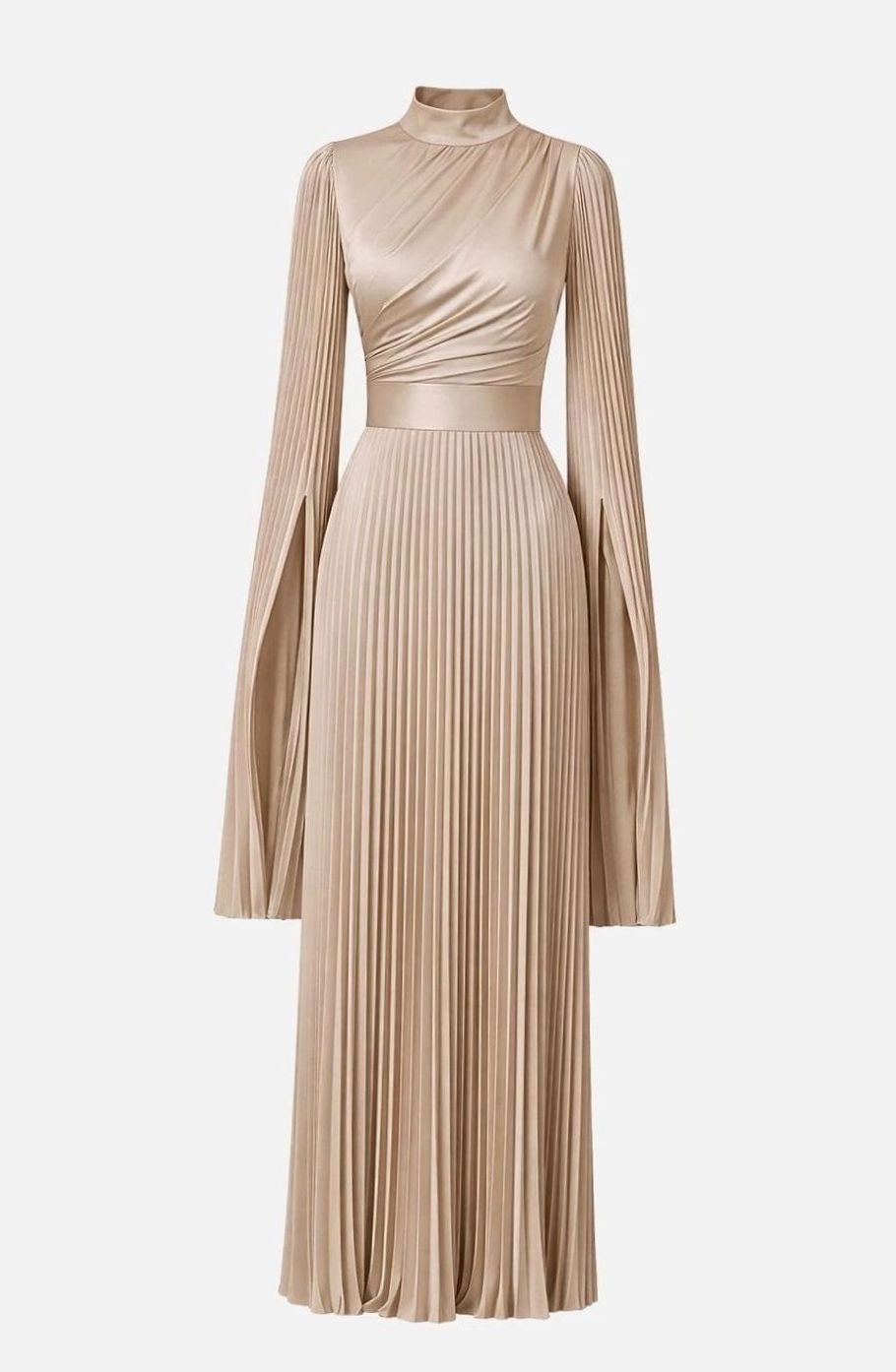 Women's Aurelie Pleated Satin Split-Sleeve Maxi Party Dress Gown - Champagne Beige