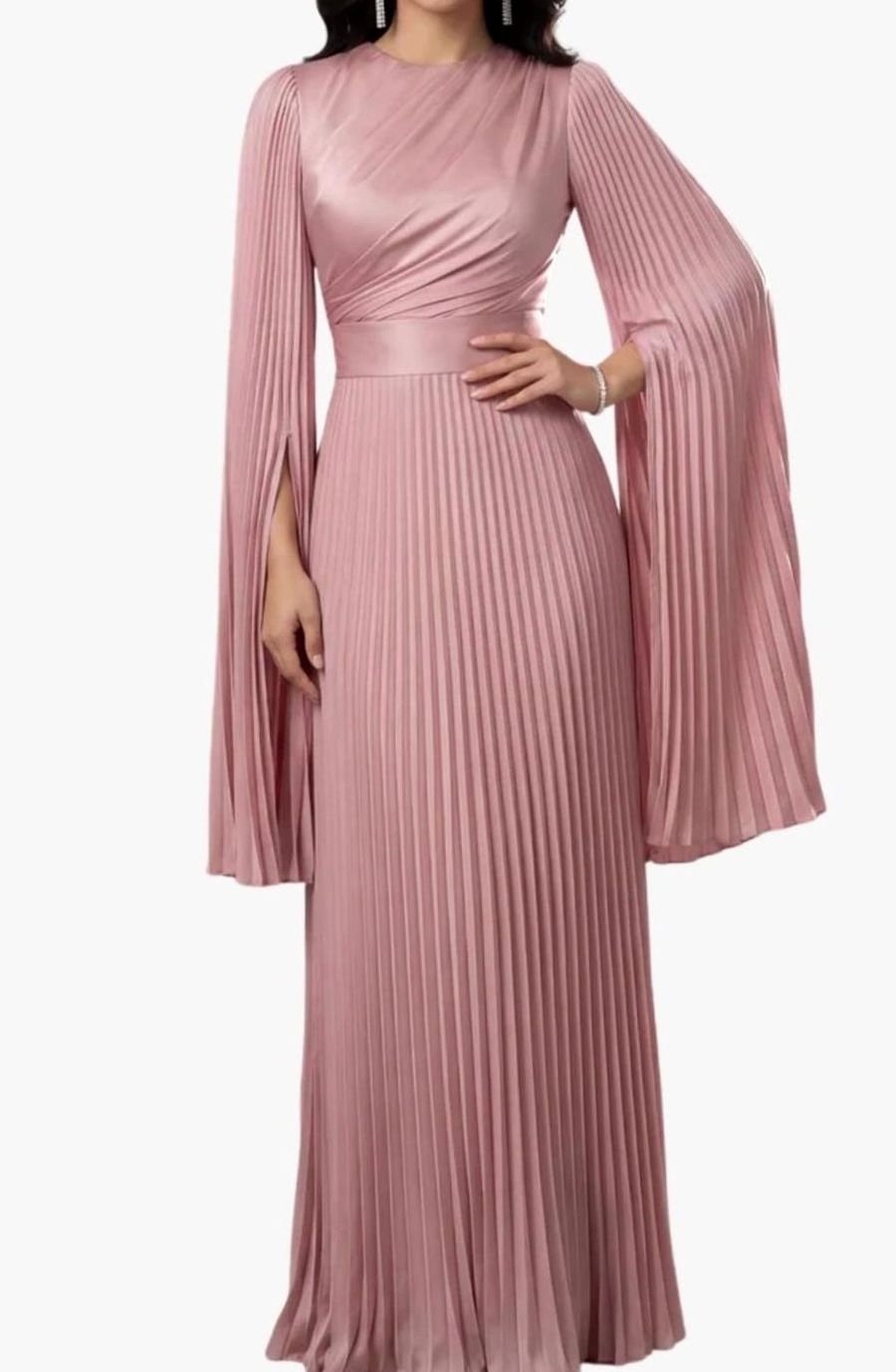 Women's Aurelie Pleated Satin Split-Sleeve Maxi Party Dress Gown