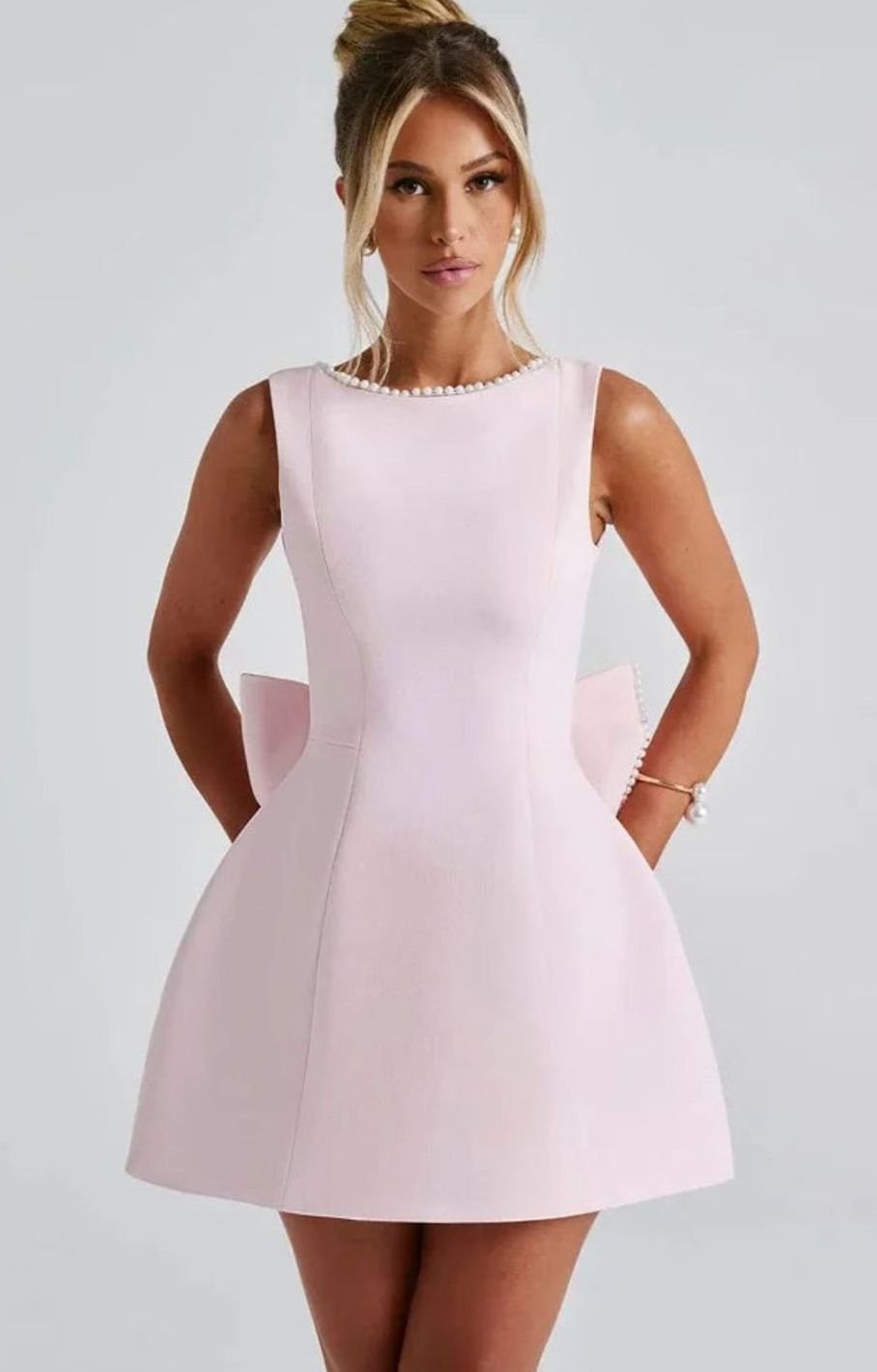 Women's Backless Pearl-Trim Oversized Bow Mini Dress