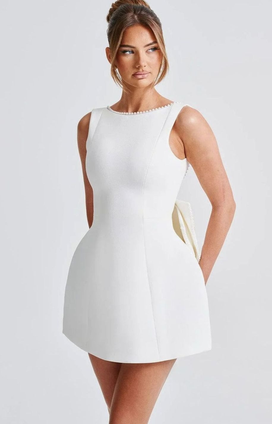 Women's Backless Pearl-Trim Oversized Bow Mini Dress