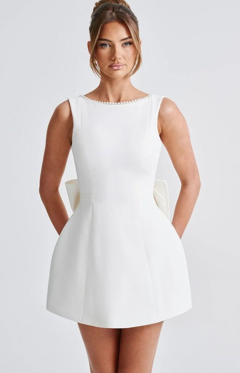Women's Backless Pearl-Trim Oversized Bow Mini Dress