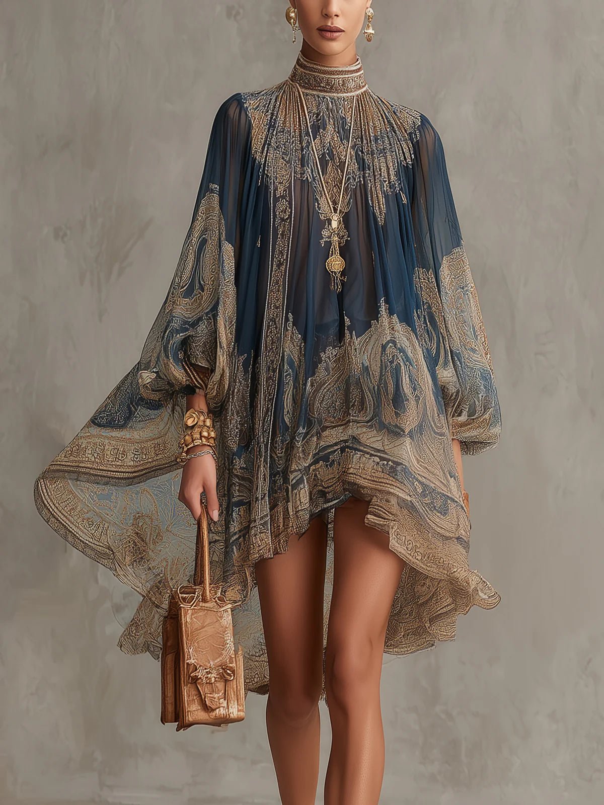 Women's Baroque Print Chiffon High-Neck Asymmetric Mini Dress - Navy