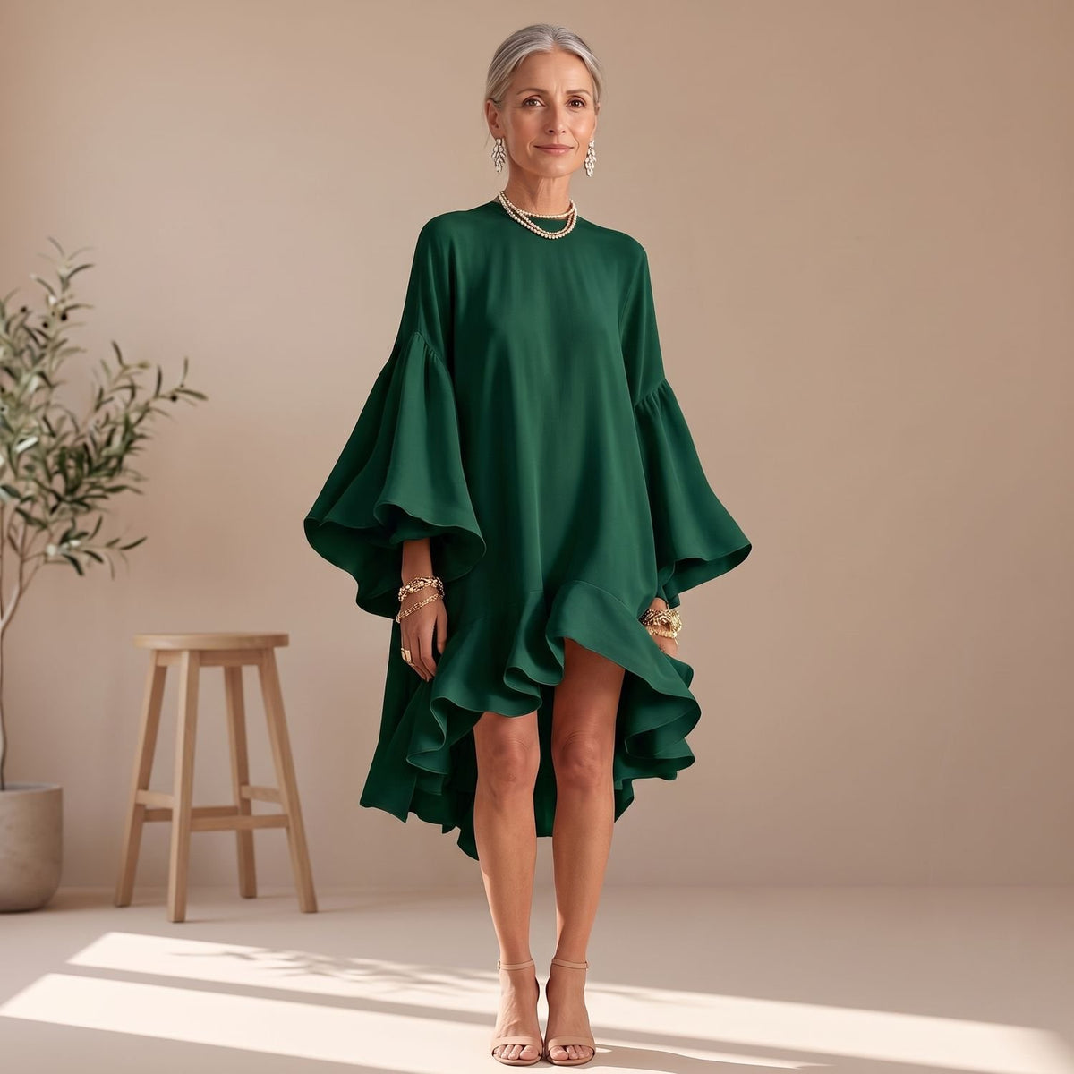 Women's Bell Sleeve Asymmetric Hem Ruffle Cocktail Party Dress - Dark Green