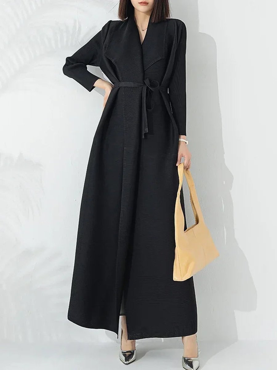 Women's Belted A-Line Long Wrap Coat Longline Outerwear - Black